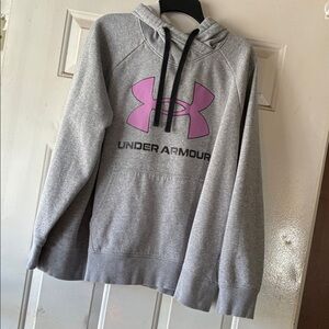 Under Armour Light Gray Hoodie with Pink Logo (size 2x)